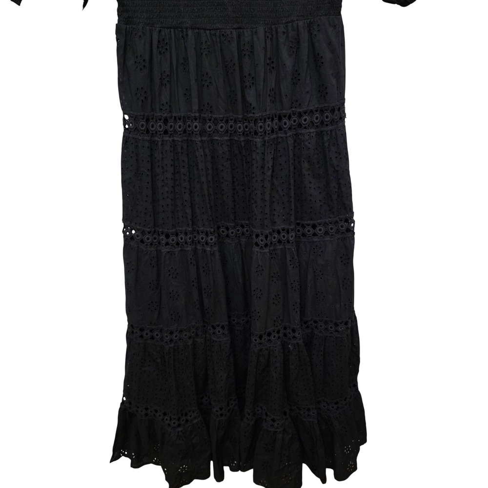 ASOS DESIGN Black Eyelet Cotton Smocked Tiered Maxi Dress Puff Sleeve US 14 Boho - Picture 6 of 15